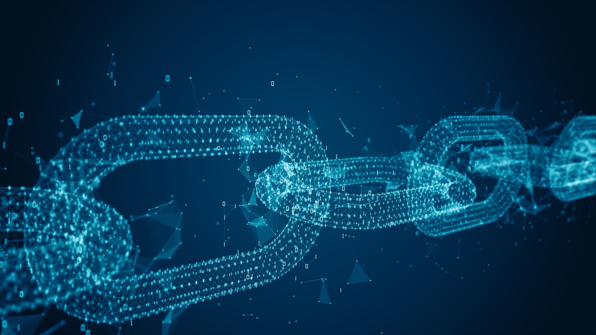 Abstract blockchain links with digital nodes, symbolizing secure data connections, cryptography, and decentralized networks in a high-tech, futuristic environment. 3D Rendering