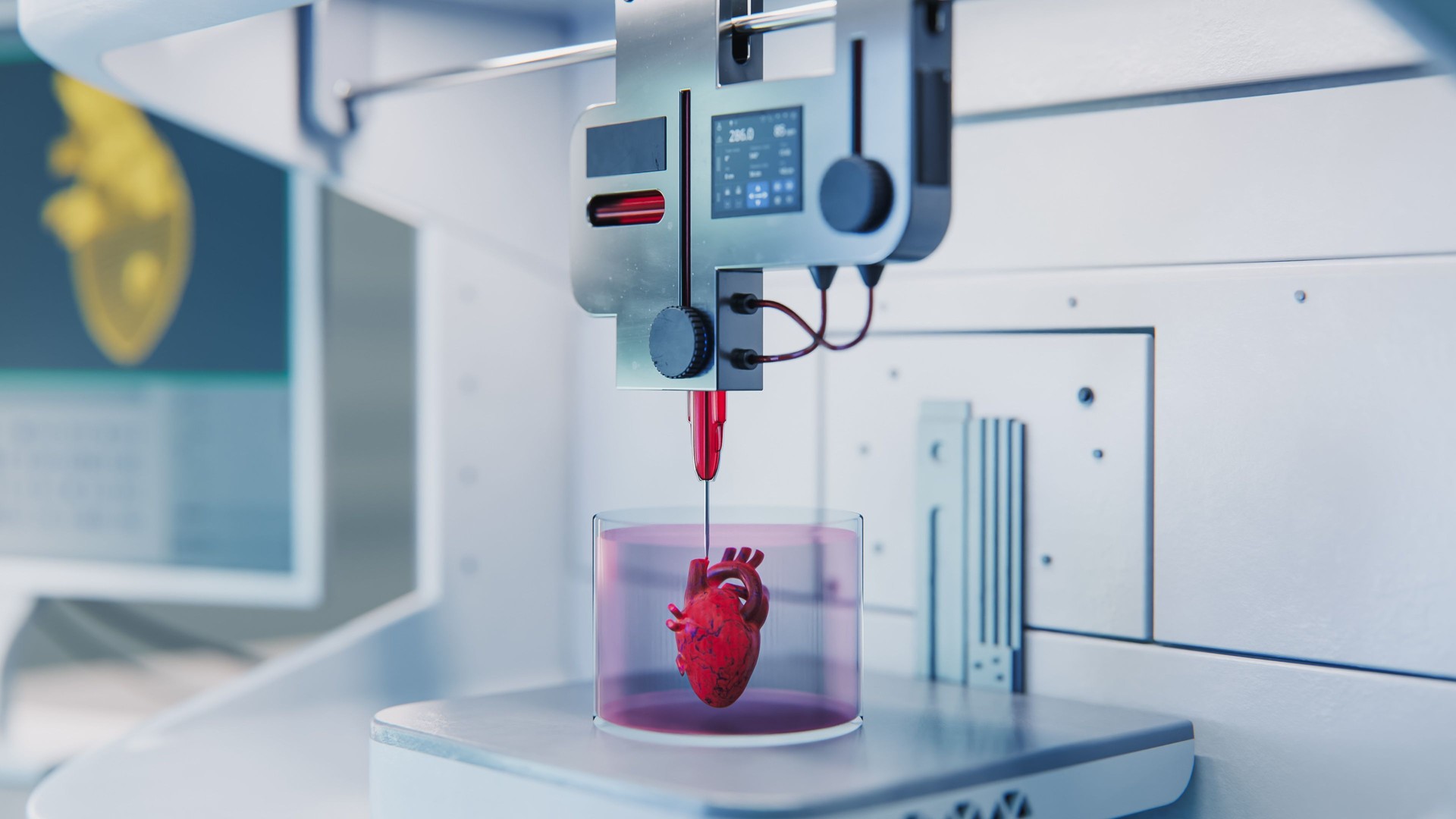 3D Render: Science Laboratory Bioprinting a 3D Human Heart. Advanced Genetic Engineering Machine Creating an Artificial Organ with Airways and Blood Vessels Under Computer Control. Medical Anatomy