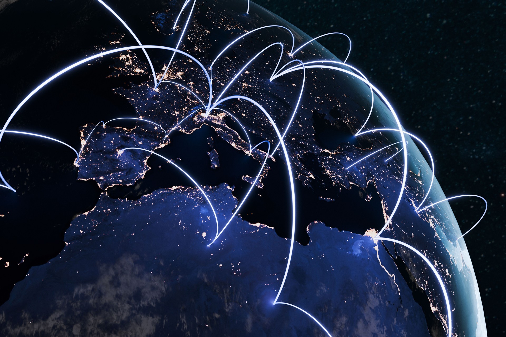 Global communication network visualized on Earth at night, with glowing connection lines across continents, symbolizing internet, technology, and worldwide connectivity. Creative idea, fintech.