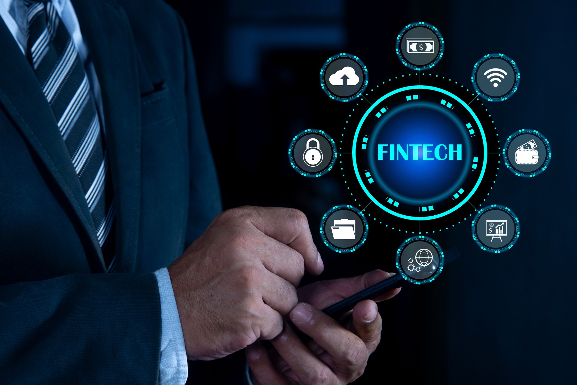 Financial technology, FinTech with a business professional, banking and currency, cryptocurrency investment and digital money, blockchain, cybersecurity, digital wallets and global financial networks