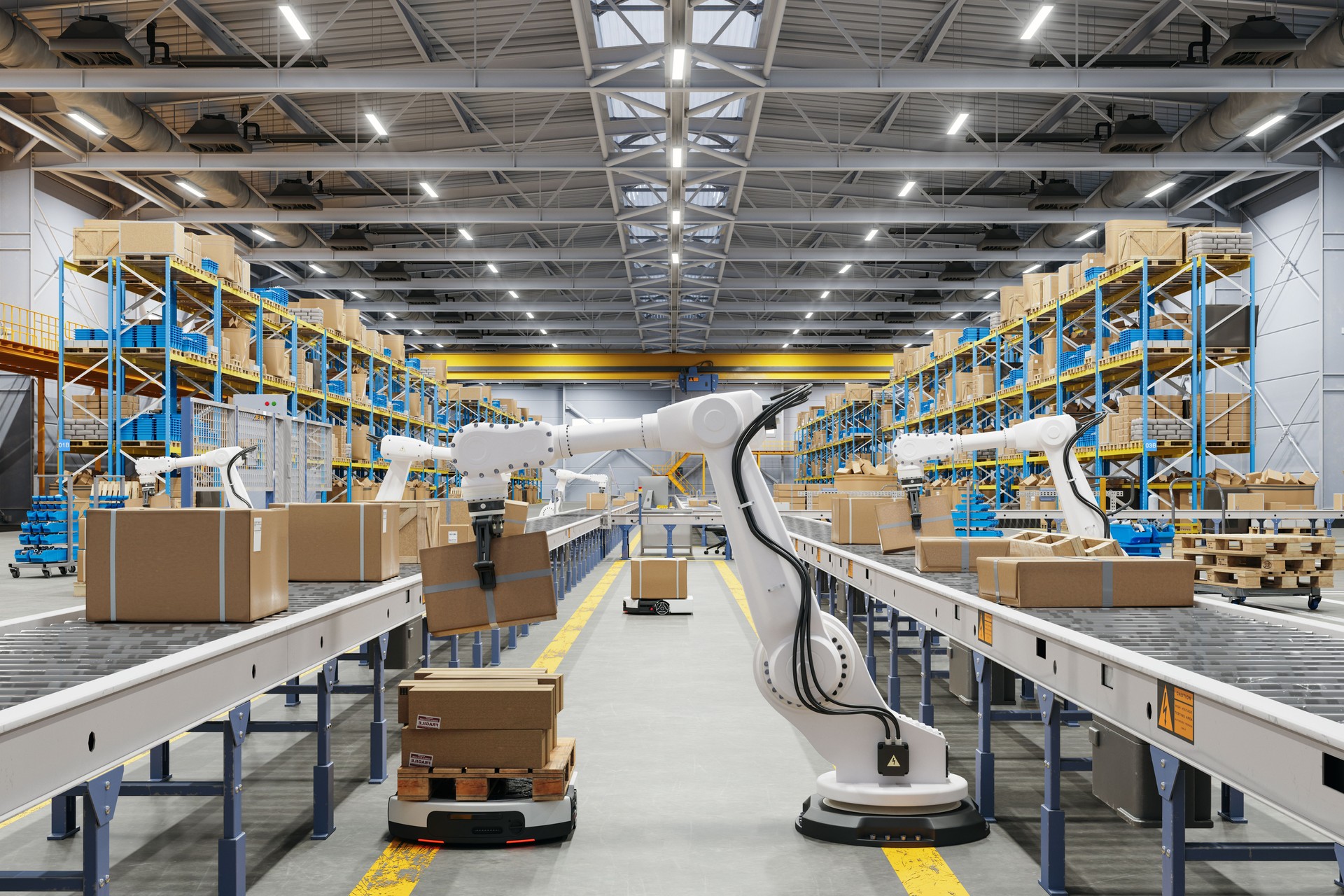 Distribution Warehouse With Automated Guided Vehicles And Robots Working On Conveyor Belt