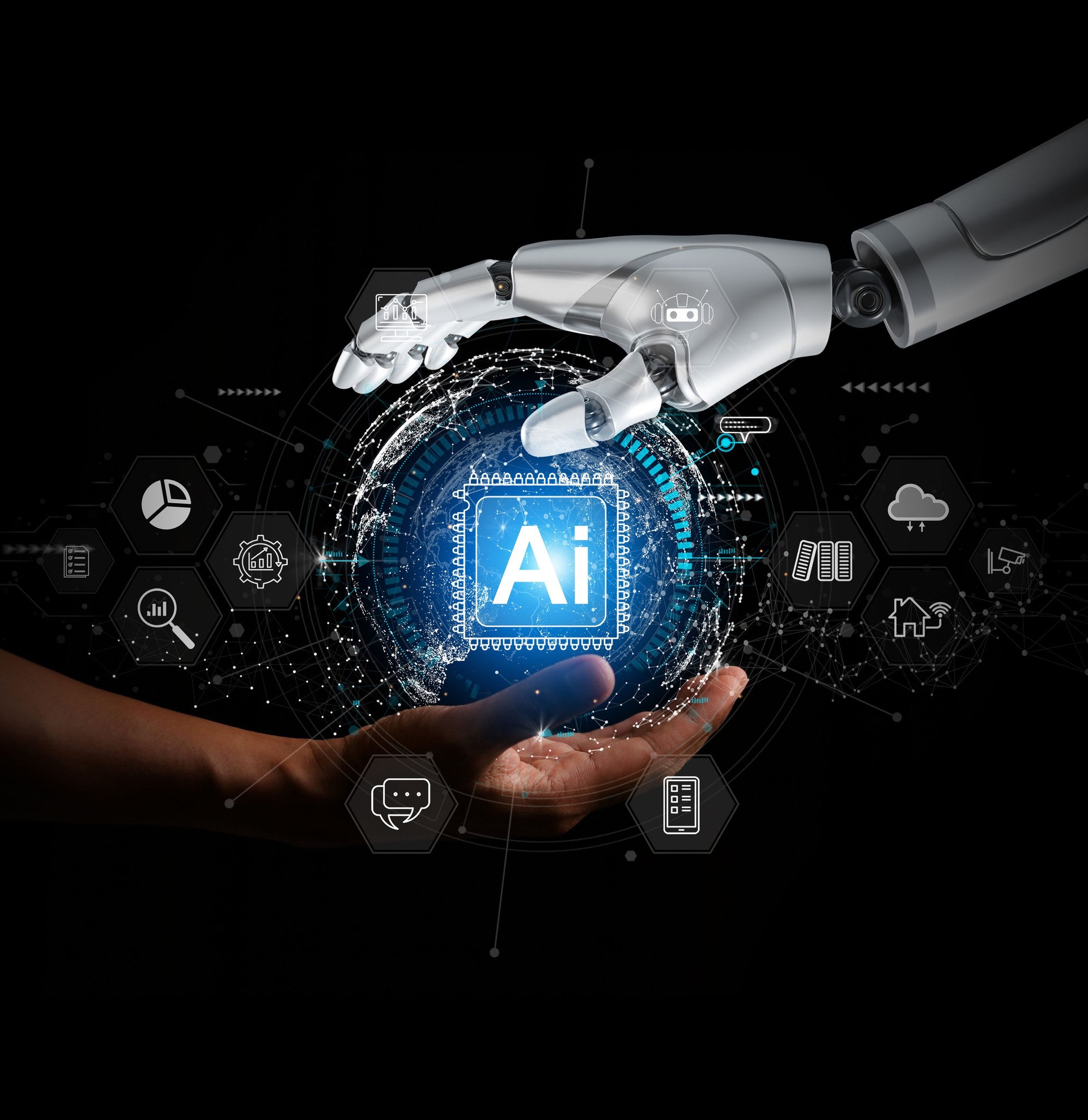 Chat with AI or Artificial Intelligence. Young businessman chatting with a smart AI or artificial intelligence using an artificial intelligence chatbot developed by OpenAI.