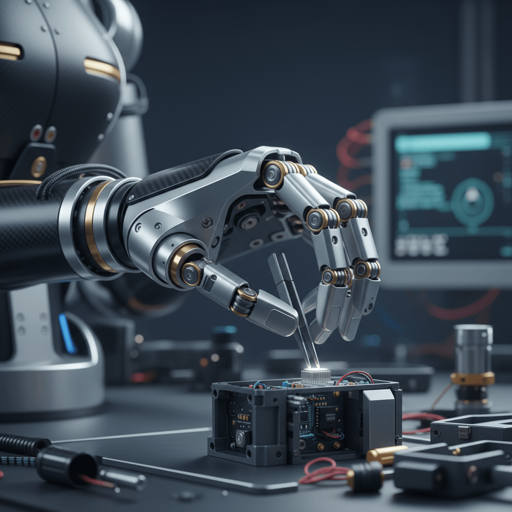 Close-up of humanoid robot hand performing precise assembly with articulated metallic fingers and sensors Close-up of humanoid robot hand performing precise assembly with articulated metallic fingers and sensors